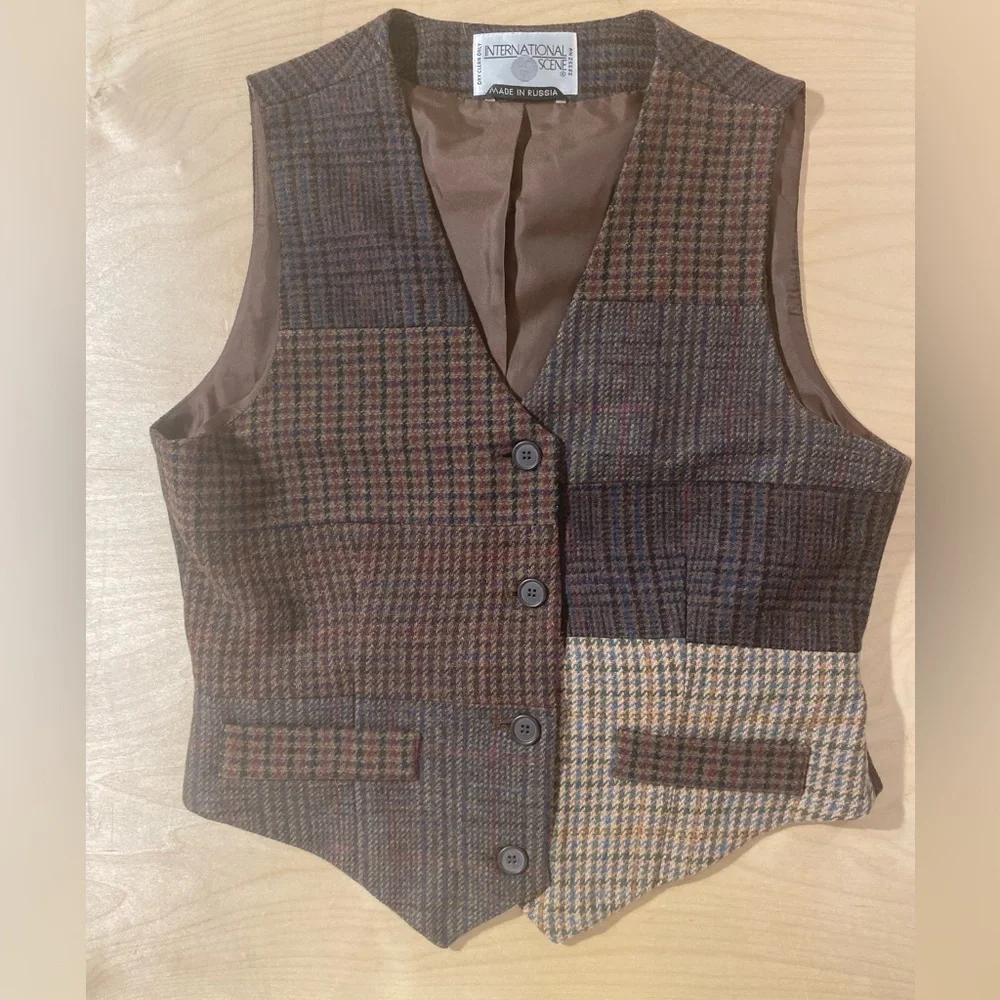 International Scene Wool Plaid Patchwork Vest Made in Russia 14 (QM) - Picture 3 of 8